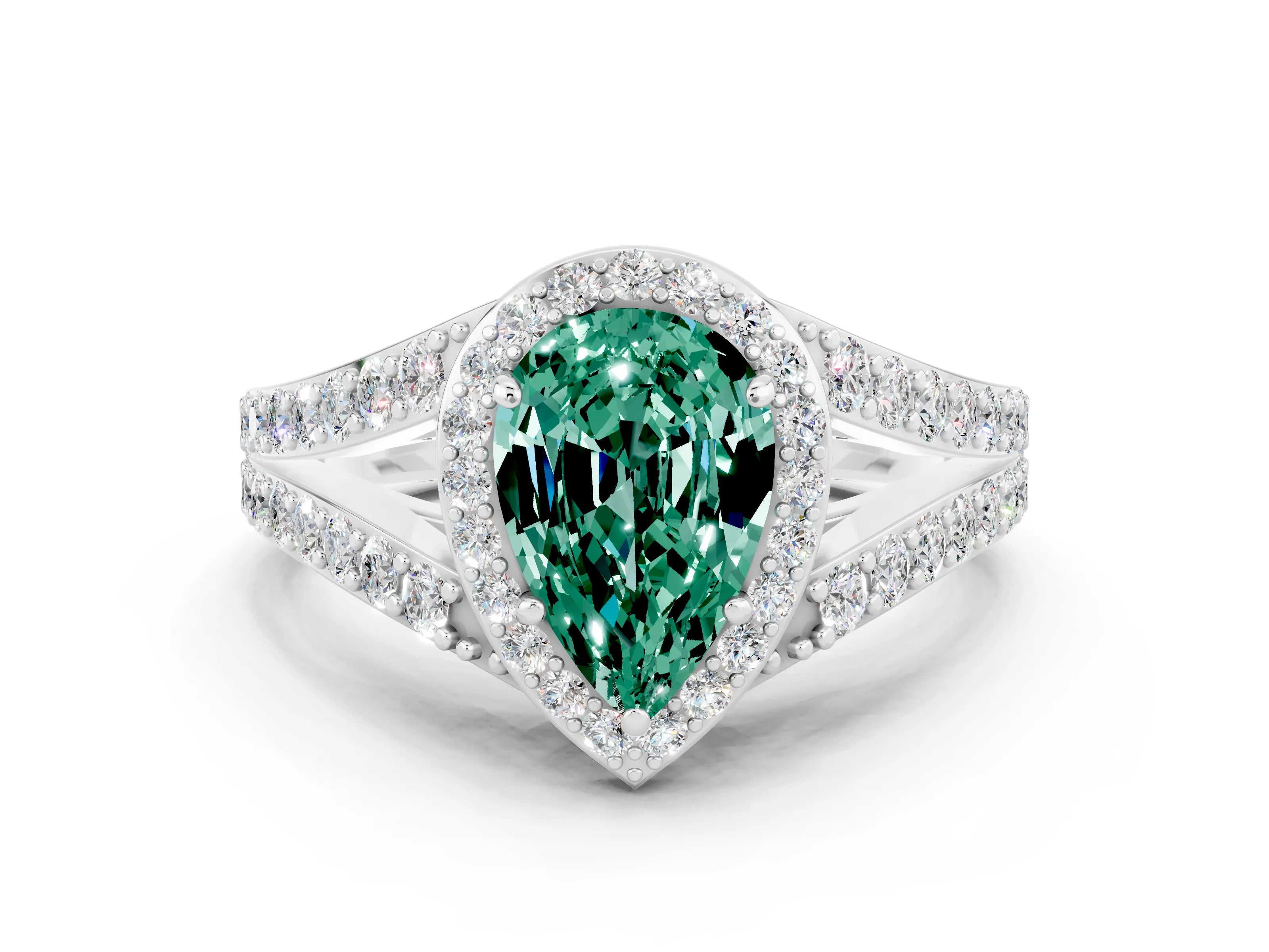 White gold Pear Cut Green Sapphire Split Shank Halo Ring with Four-Prong Setting_12