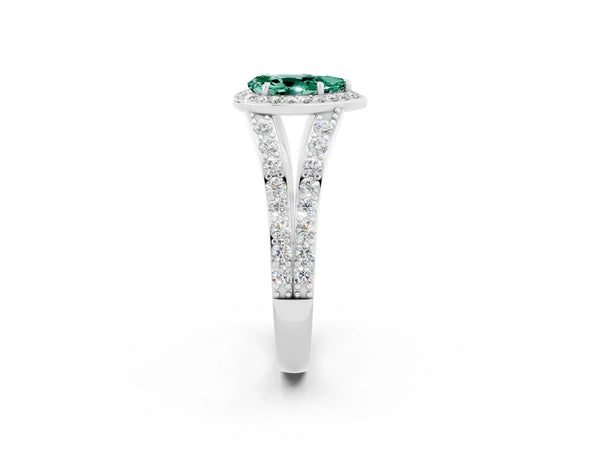 Silver Pear Cut Green Sapphire Split Shank Halo Ring with Four-Prong Setting