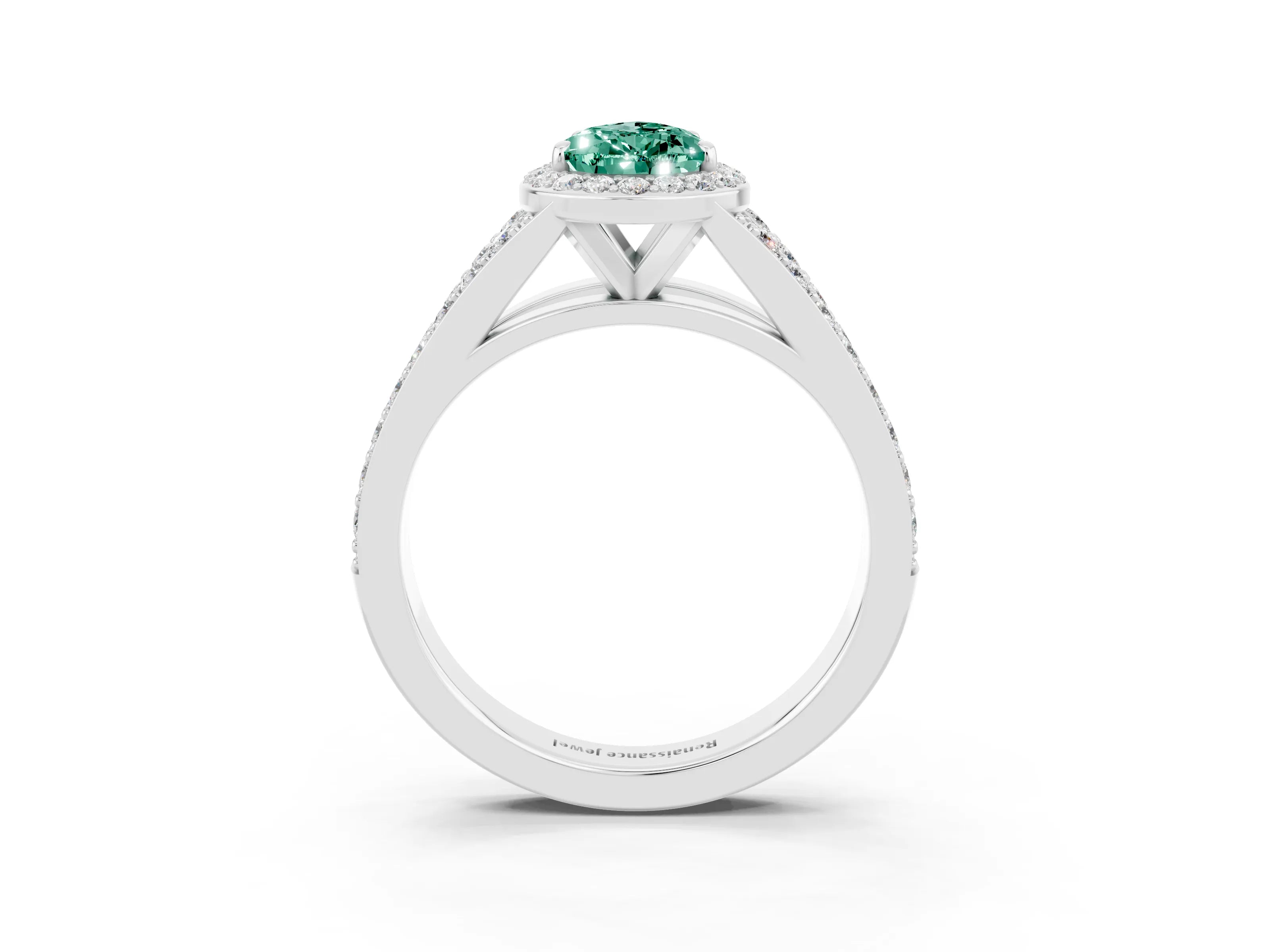 White gold Pear Cut Green Sapphire Split Shank Halo Ring with Four-Prong Setting_15