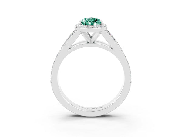 Silver Pear Cut Green Sapphire Split Shank Halo Ring with Four-Prong Setting