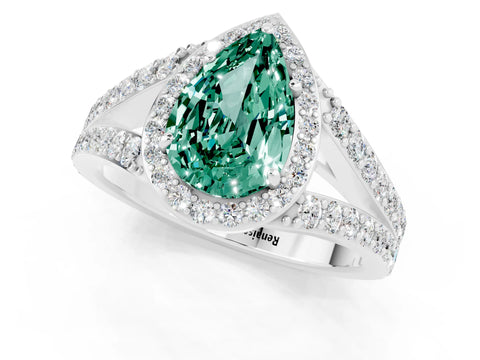 White gold Pear Cut Green Sapphire Split Shank Halo Ring with Four-Prong Setting_25