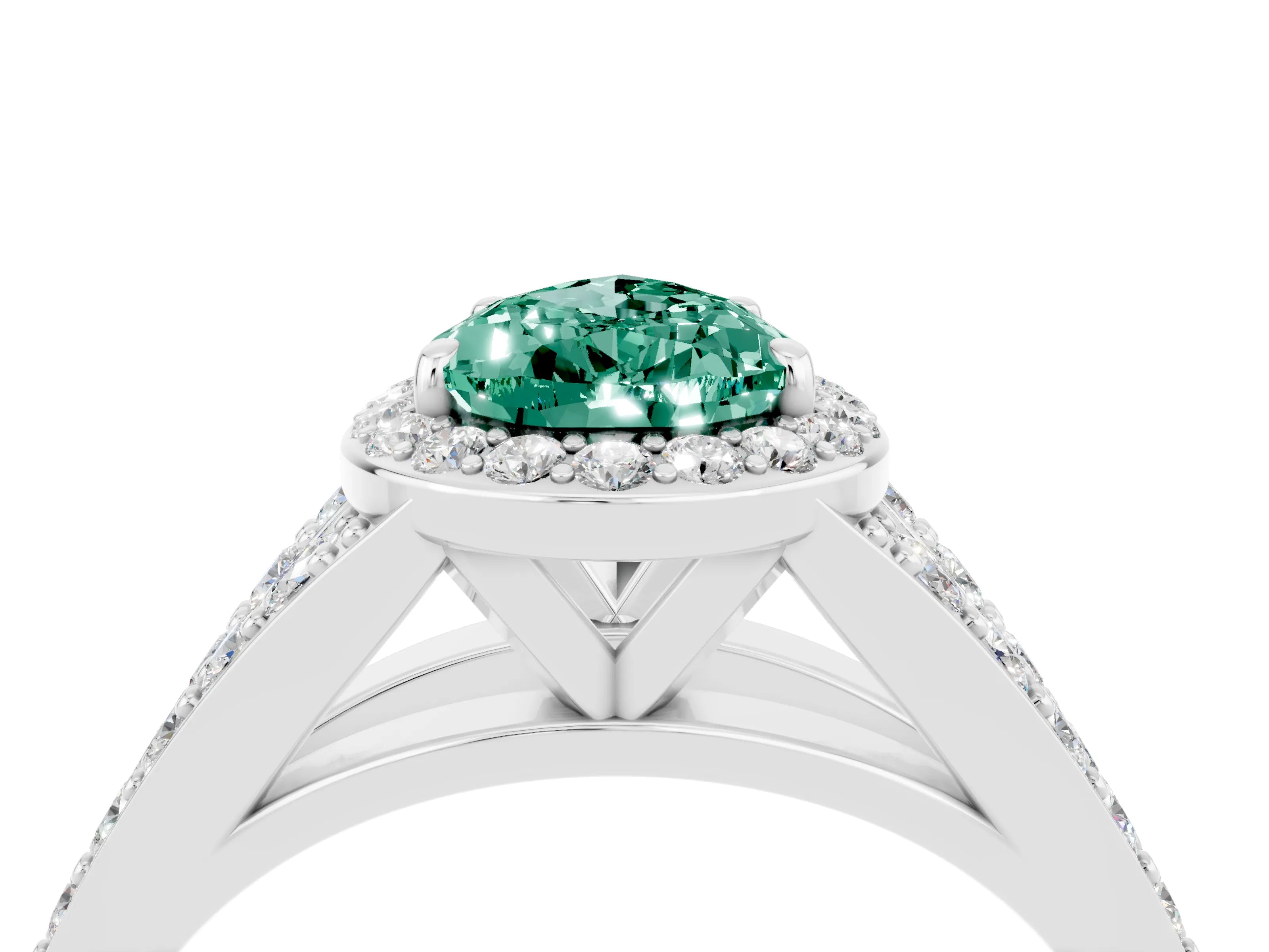 White gold Pear Cut Green Sapphire Split Shank Halo Ring with Four-Prong Setting_28