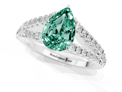 White gold Pear Cut Green Sapphire Split Shank Pavé Engagement Ring with Four-Prong Setting_13
