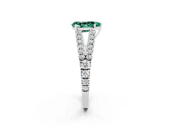 White gold Pear Cut Green Sapphire Split Shank Pavé Engagement Ring with Four-Prong Setting