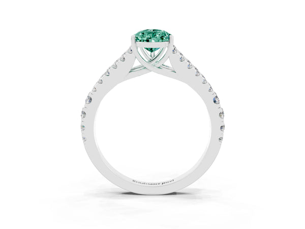 Silver Pear Cut Green Sapphire Split Shank Pavé Engagement Ring with Four-Prong Setting