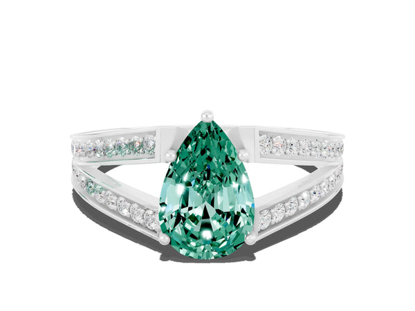 Platinum Pear Cut Green Sapphire Split Shank Ring with Pavé Band and Four-Prong Setting