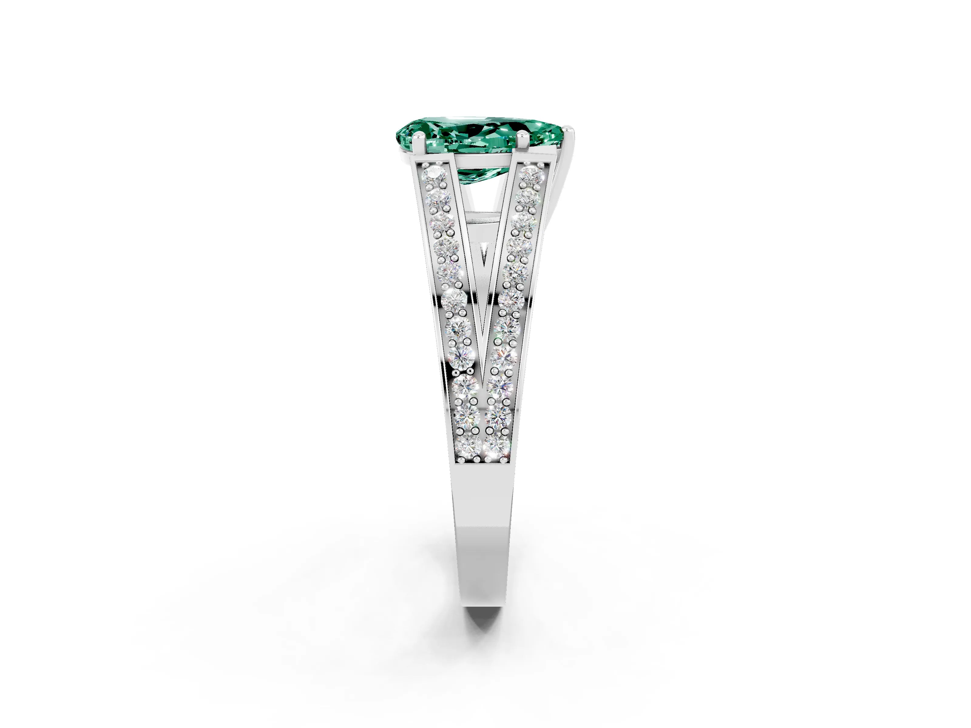 White gold Pear Cut Green Sapphire Split Shank Ring with Pavé Band and Four-Prong Setting_2