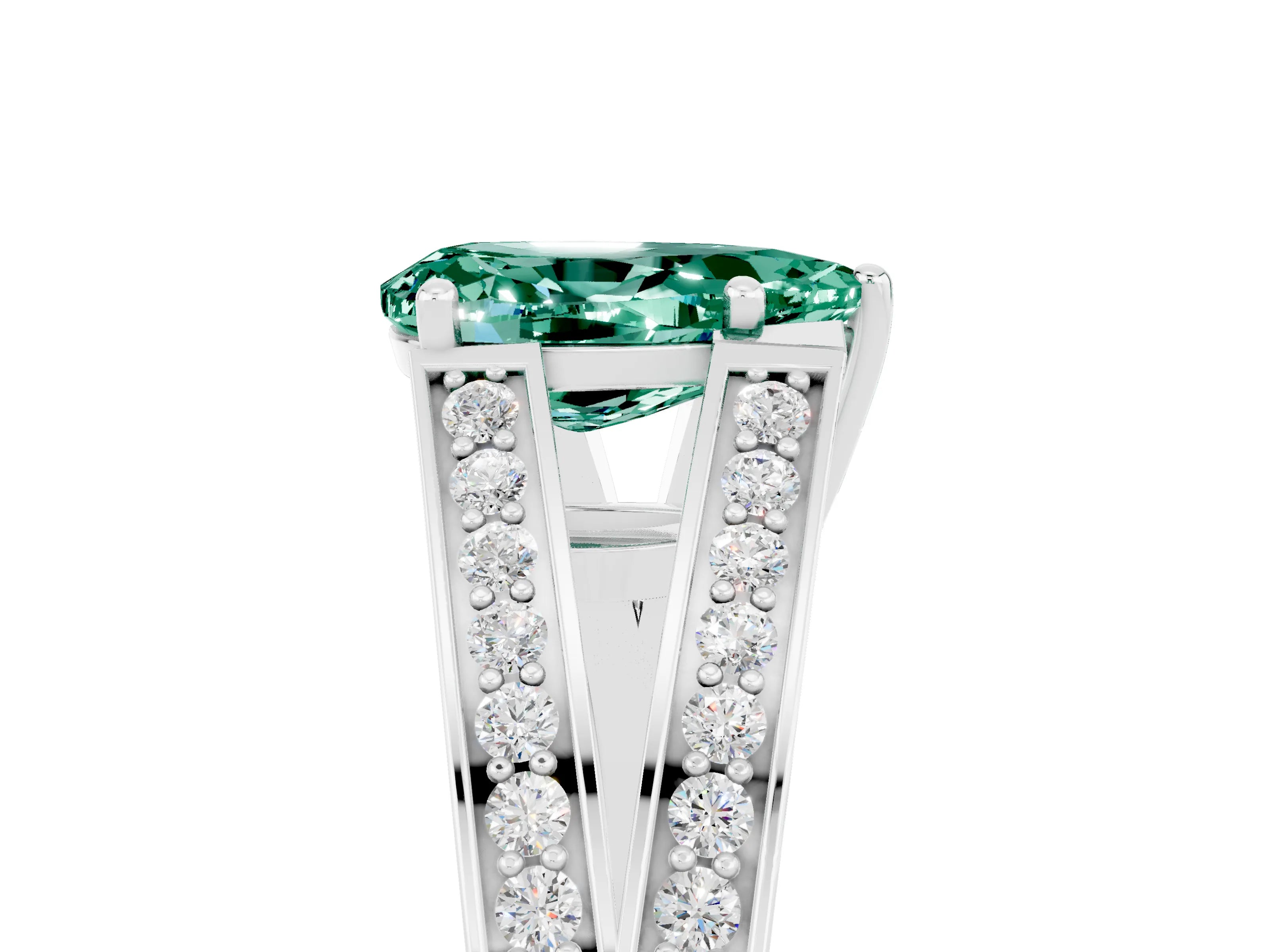 White gold Pear Cut Green Sapphire Split Shank Ring with Pavé Band and Four-Prong Setting_5
