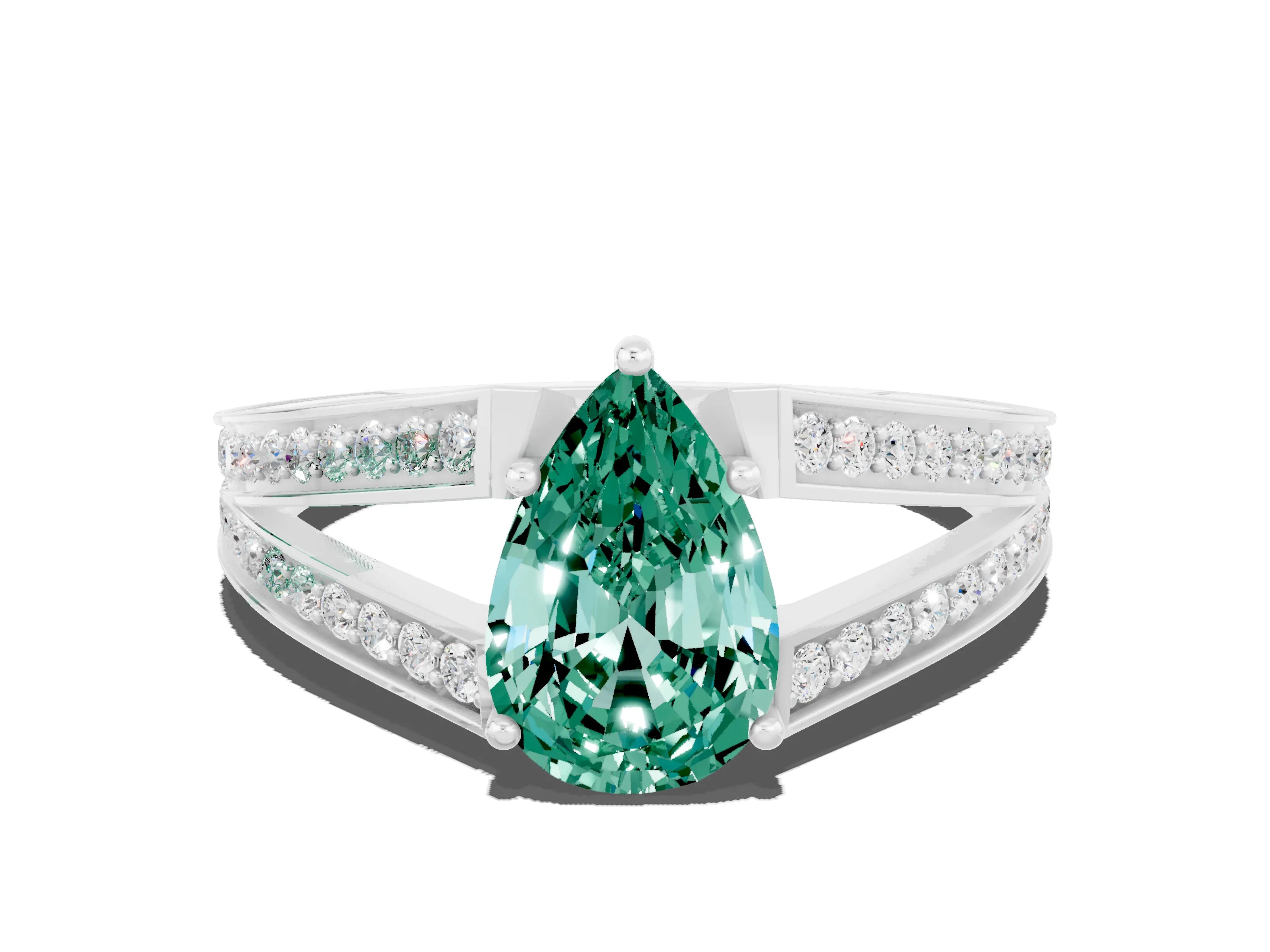 White gold Pear Cut Green Sapphire Split Shank Ring with Pavé Band and Four-Prong Setting