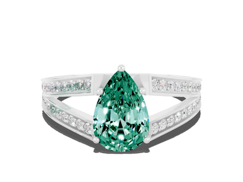 White gold Pear Cut Green Sapphire Split Shank Ring with Pavé Band and Four-Prong Setting