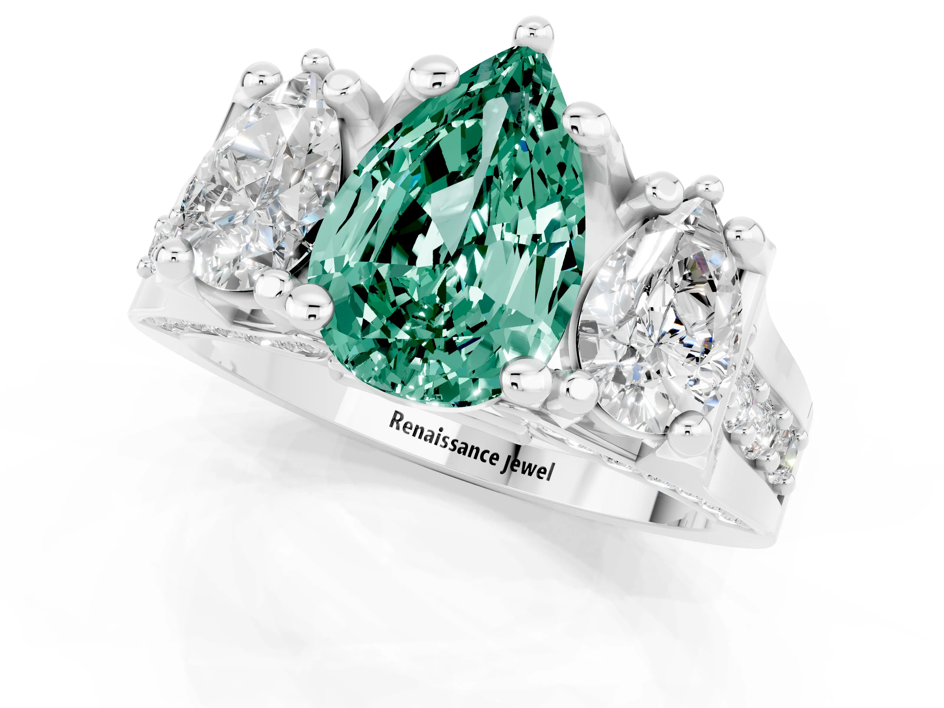 White gold Pear Cut Green Sapphire Three-Stone Ring with Channel Set Band and Four-Prong Setting_1