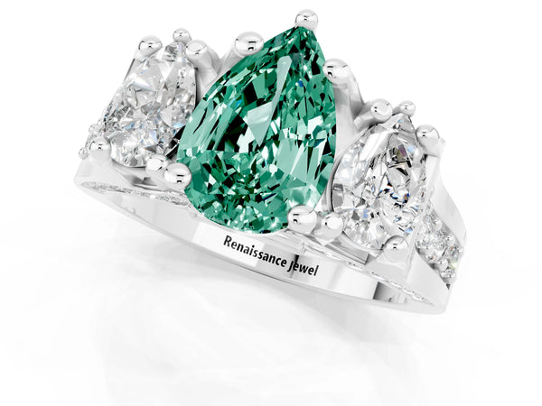 Silver Pear Cut Green Sapphire Three-Stone Ring with Channel Set Band and Four-Prong Setting