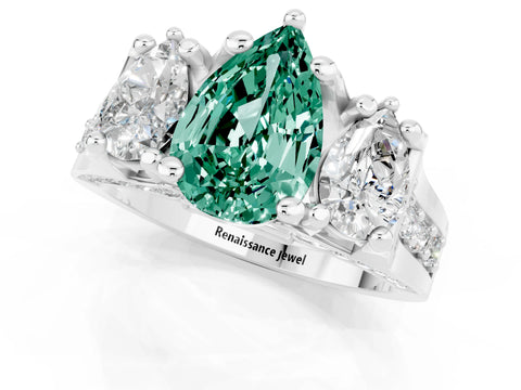 White gold Pear Cut Green Sapphire Three-Stone Ring with Channel Set Band and Four-Prong Setting_1