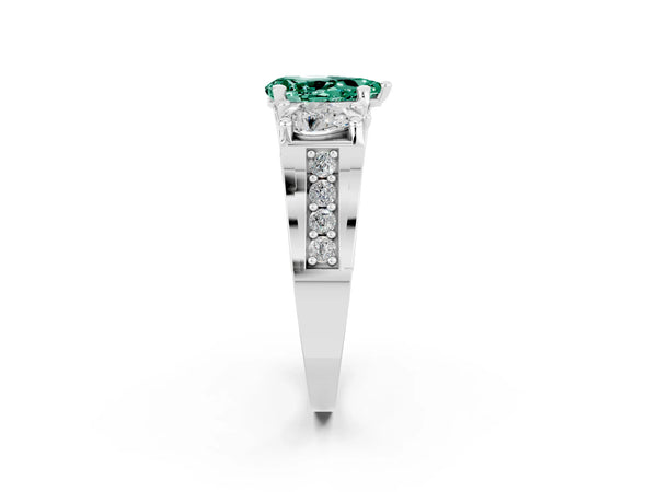 Silver Pear Cut Green Sapphire Three-Stone Ring with Channel Set Band and Four-Prong Setting