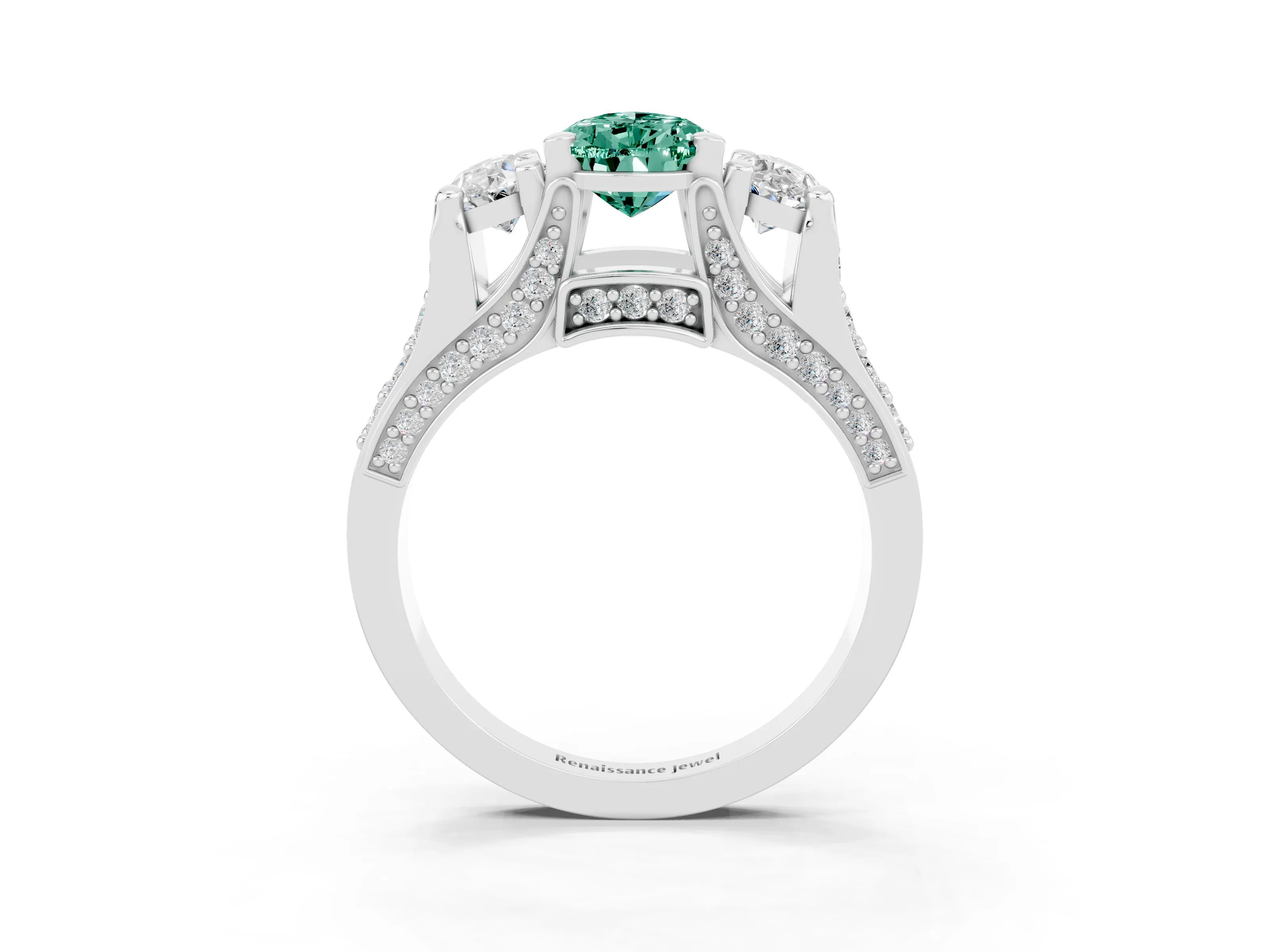 White gold Pear Cut Green Sapphire Three-Stone Ring with Channel Set Band and Four-Prong Setting_3