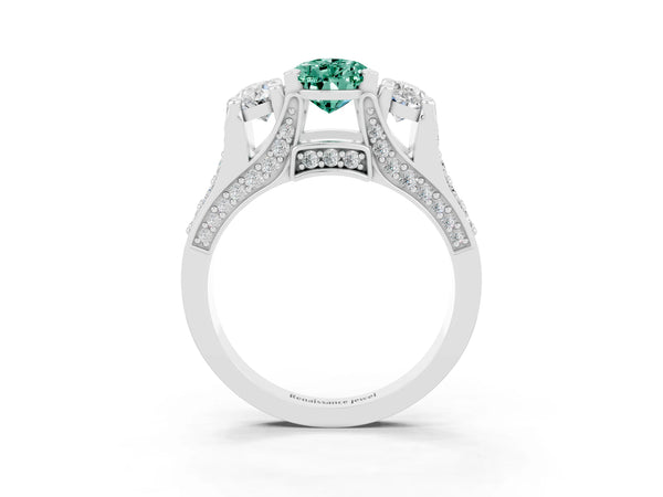 Silver Pear Cut Green Sapphire Three-Stone Ring with Channel Set Band and Four-Prong Setting