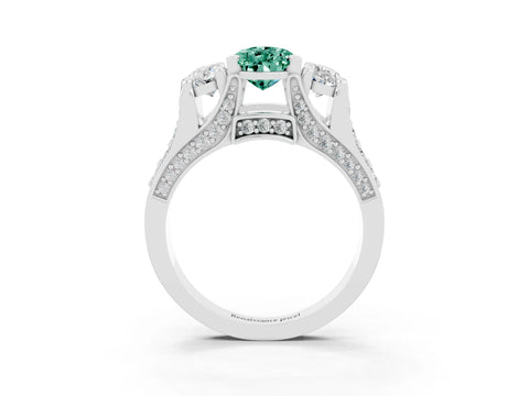 White gold Pear Cut Green Sapphire Three-Stone Ring with Channel Set Band and Four-Prong Setting_3