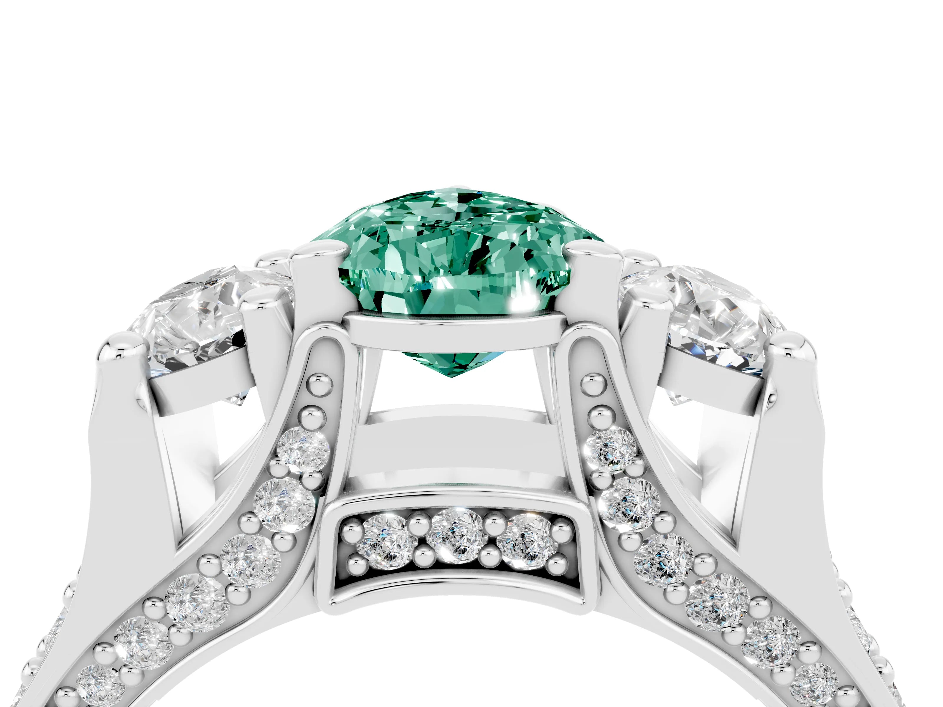 White gold Pear Cut Green Sapphire Three-Stone Ring with Channel Set Band and Four-Prong Setting_4