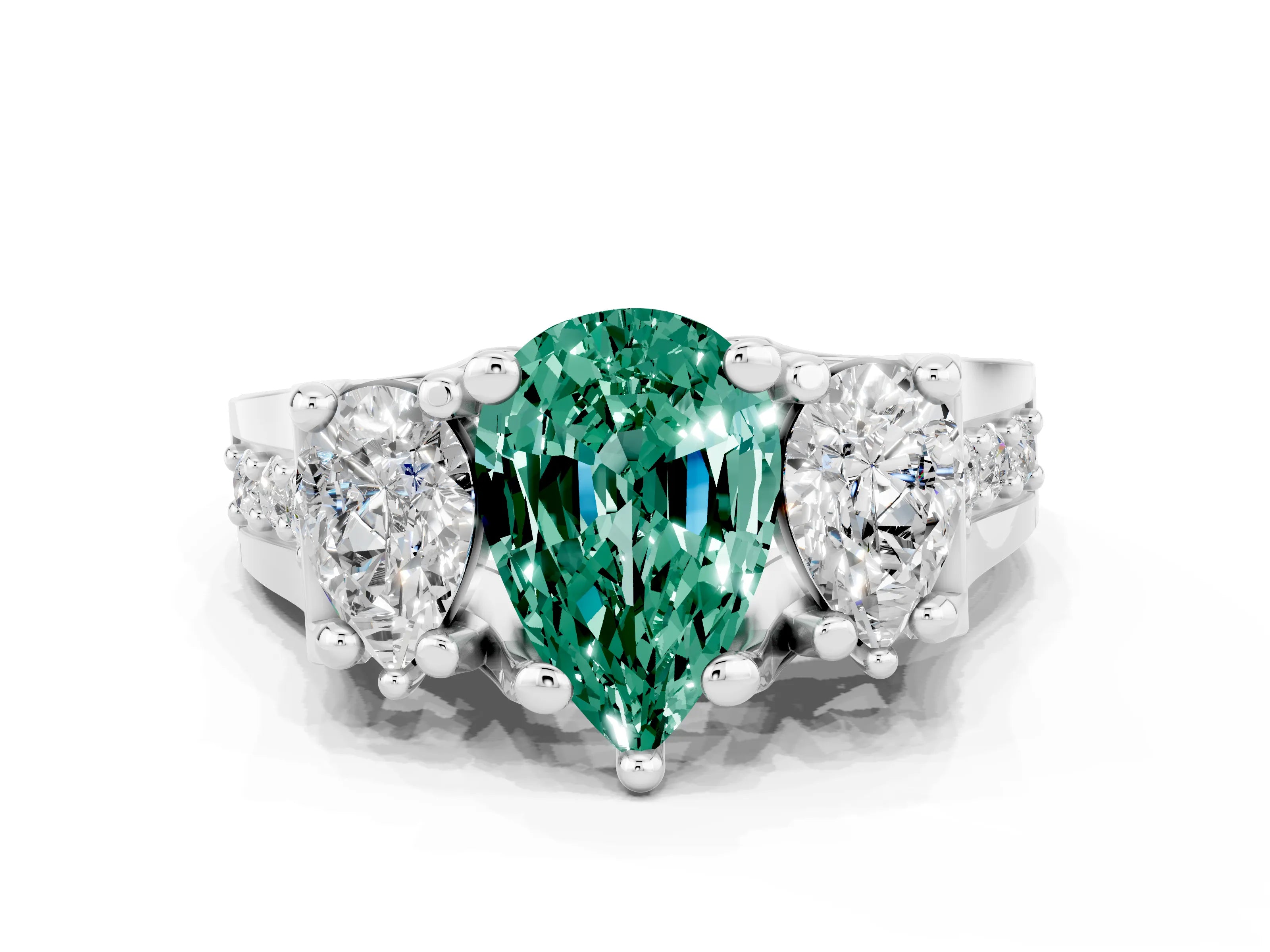 White gold Pear Cut Green Sapphire Three-Stone Ring with Channel Set Band and Four-Prong Setting