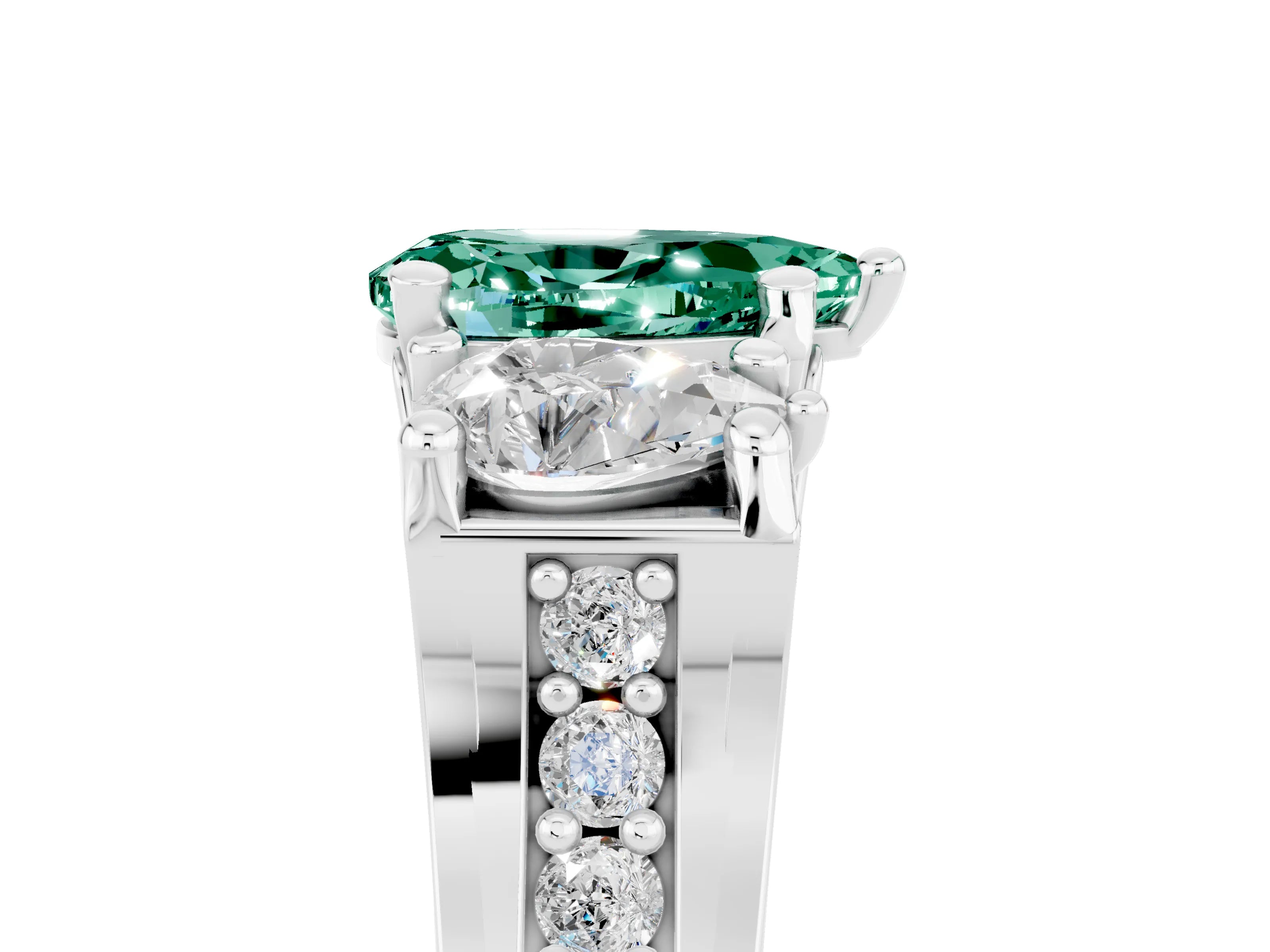 White gold Pear Cut Green Sapphire Three-Stone Ring with Channel Set Band and Four-Prong Setting_5