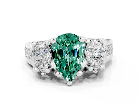 White gold Pear Cut Green Sapphire Three-Stone Ring with Channel Set Band and Four-Prong Setting