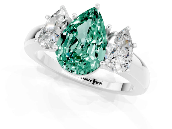 Platinum Pear Cut Green Sapphire Three-Stone Ring with Four-Prong Setting and Classic Band