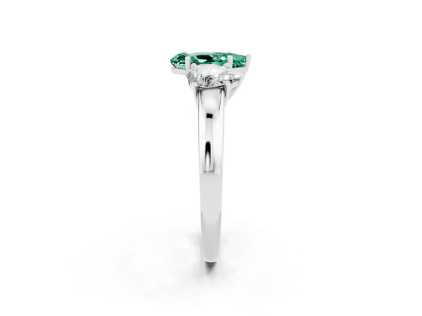 Silver Pear Cut Green Sapphire Three-Stone Ring with Four-Prong Setting and Classic Band