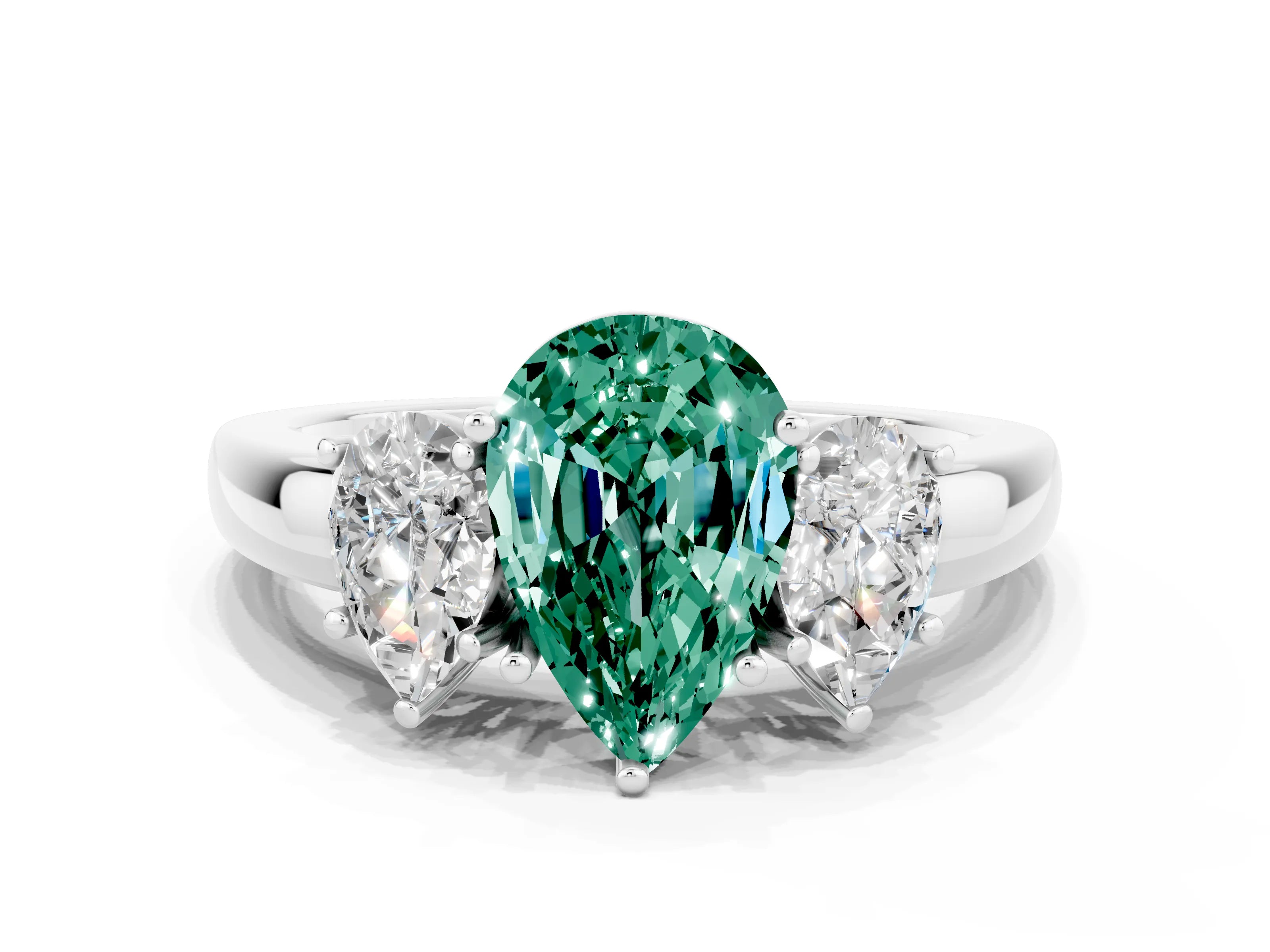 White gold Pear Cut Green Sapphire Three-Stone Ring with Four-Prong Setting and Classic Band