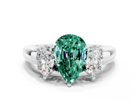 White gold Pear Cut Green Sapphire Three-Stone Ring with Four-Prong Setting and Classic Band