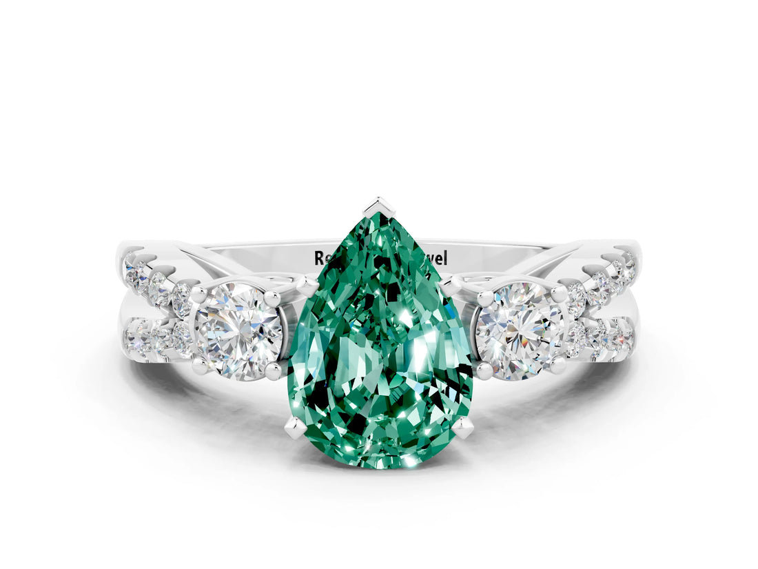 White gold Pear Cut Green Sapphire Three-Stone Ring with Pavé Split Shank and Four-Prong Setting_12
