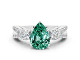 White gold Pear Cut Green Sapphire Three-Stone Ring with Pavé Split Shank and Four-Prong Setting_12