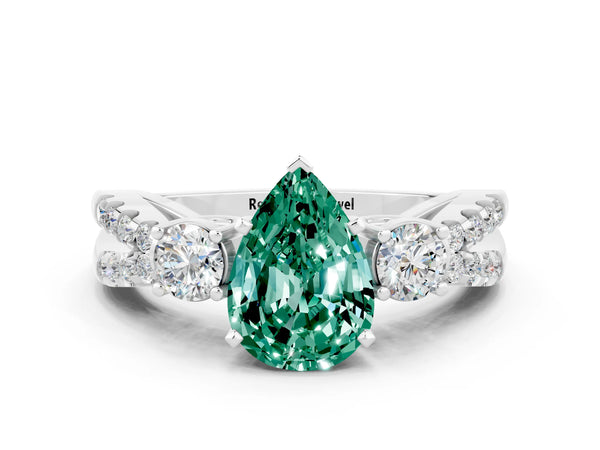 White gold Pear Cut Green Sapphire Three-Stone Ring with Pavé Split Shank and Four-Prong Setting