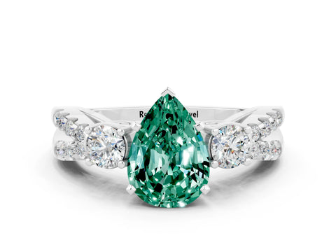 White gold Pear Cut Green Sapphire Three-Stone Ring with Pavé Split Shank and Four-Prong Setting_12