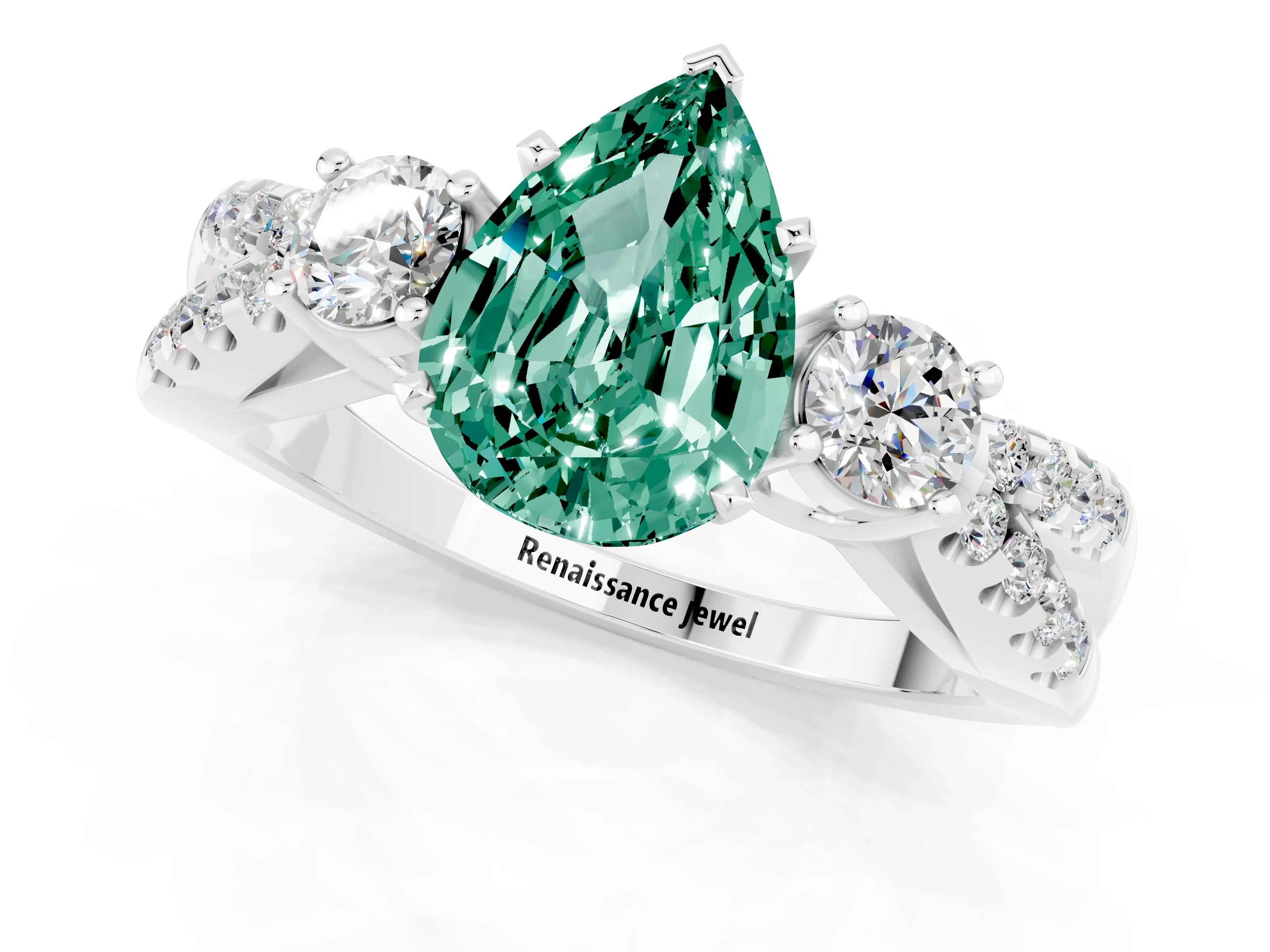 White gold Pear Cut Green Sapphire Three-Stone Ring with Pavé Split Shank and Four-Prong Setting_13