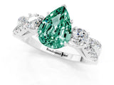 White gold Pear Cut Green Sapphire Three-Stone Ring with Pavé Split Shank and Four-Prong Setting_13