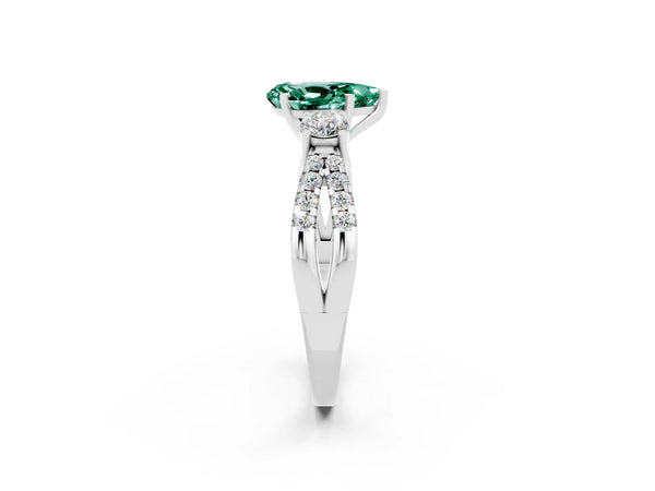 Platinum Pear Cut Green Sapphire Three-Stone Ring with Pavé Split Shank and Four-Prong Setting