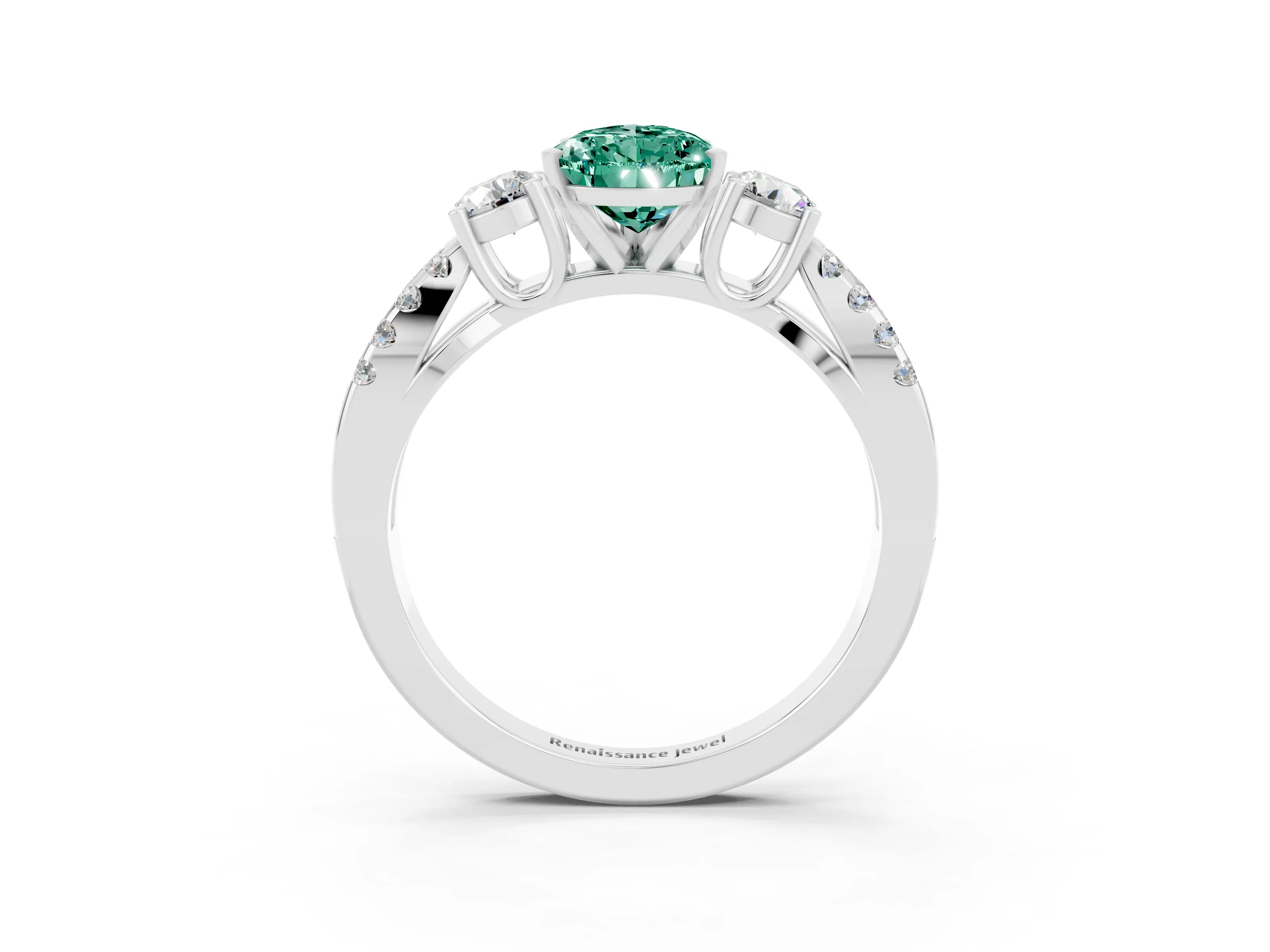 White gold Pear Cut Green Sapphire Three-Stone Ring with Pavé Split Shank and Four-Prong Setting_15