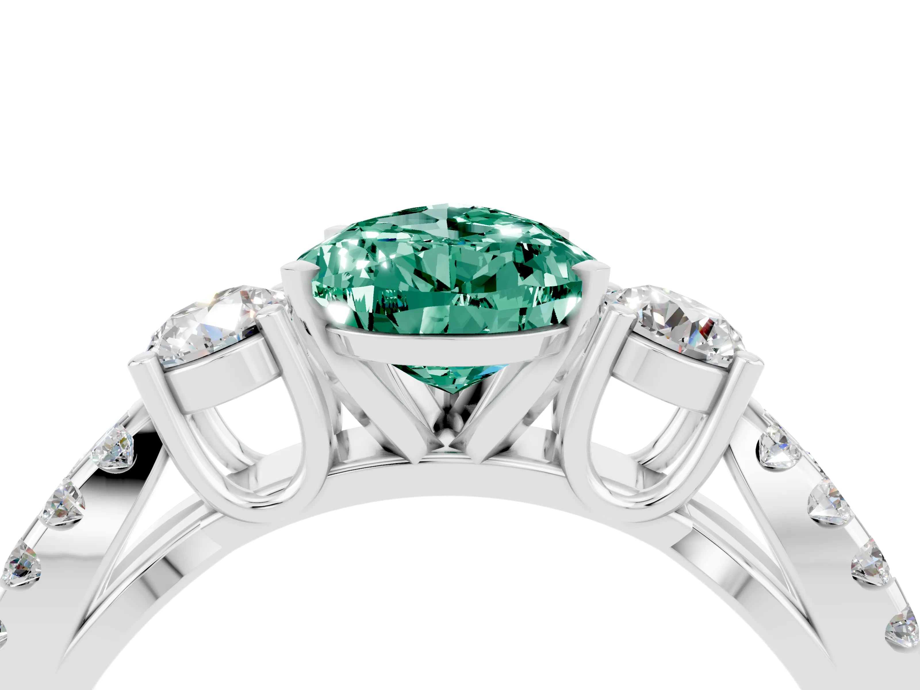 White gold Pear Cut Green Sapphire Three-Stone Ring with Pavé Split Shank and Four-Prong Setting_16