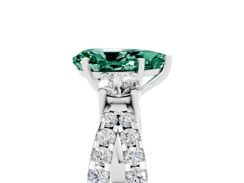 White gold Pear Cut Green Sapphire Three-Stone Ring with Pavé Split Shank and Four-Prong Setting_17