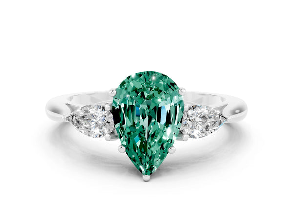 Silver Pear Cut Green Sapphire Three-Stone Ring with Pear  Side Stones and Prong Setting