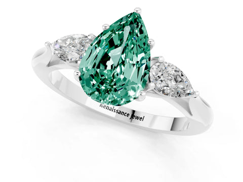White gold Pear Cut Green Sapphire Three-Stone Ring with Pear Side Stones and Four-Prong Setting_13