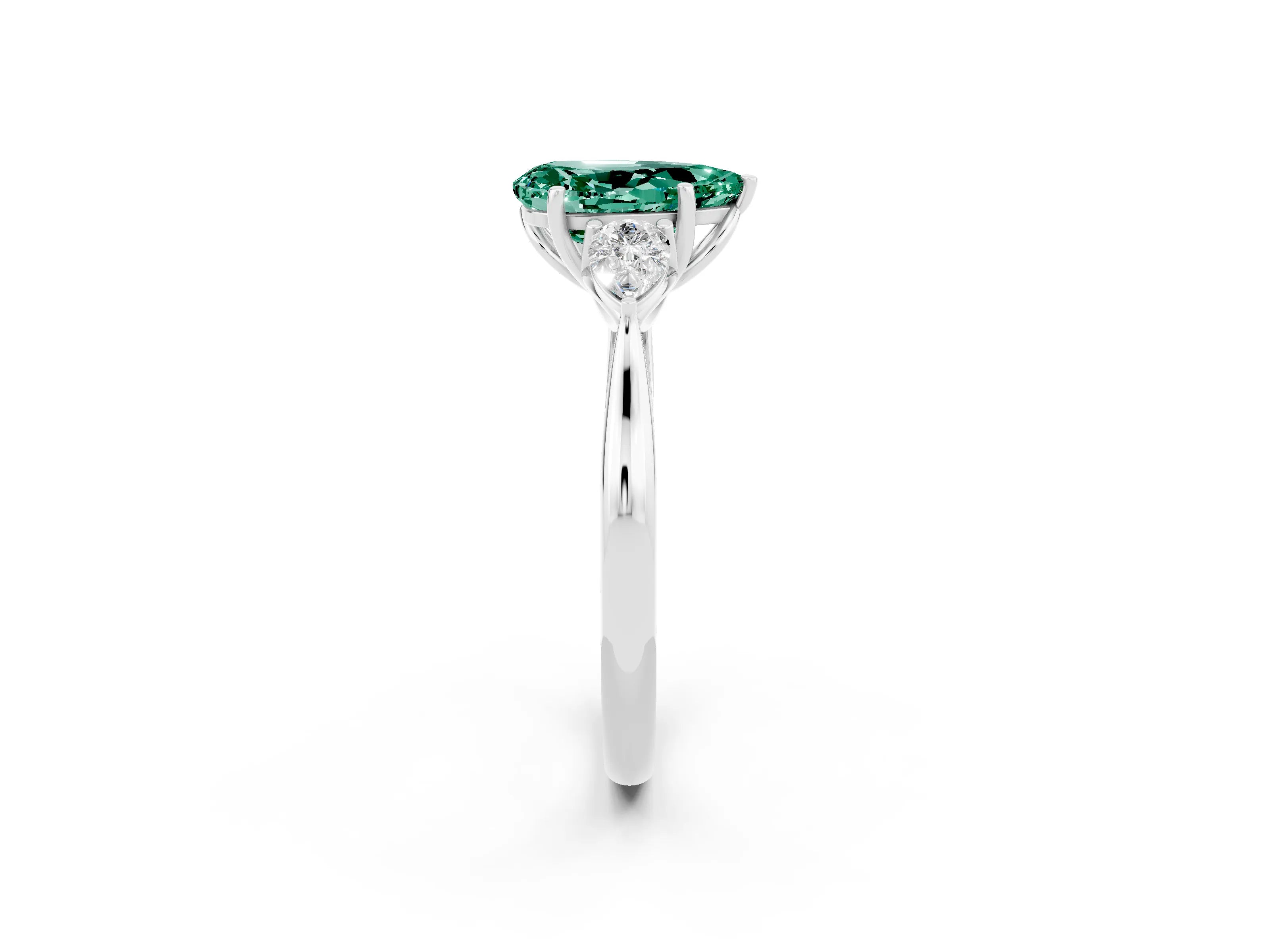 White gold Pear Cut Green Sapphire Three-Stone Ring with Pear Side Stones and Four-Prong Setting_14