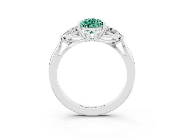 Platinum Pear Cut Green Sapphire Three-Stone Ring with Pear  Side Stones and Prong Setting