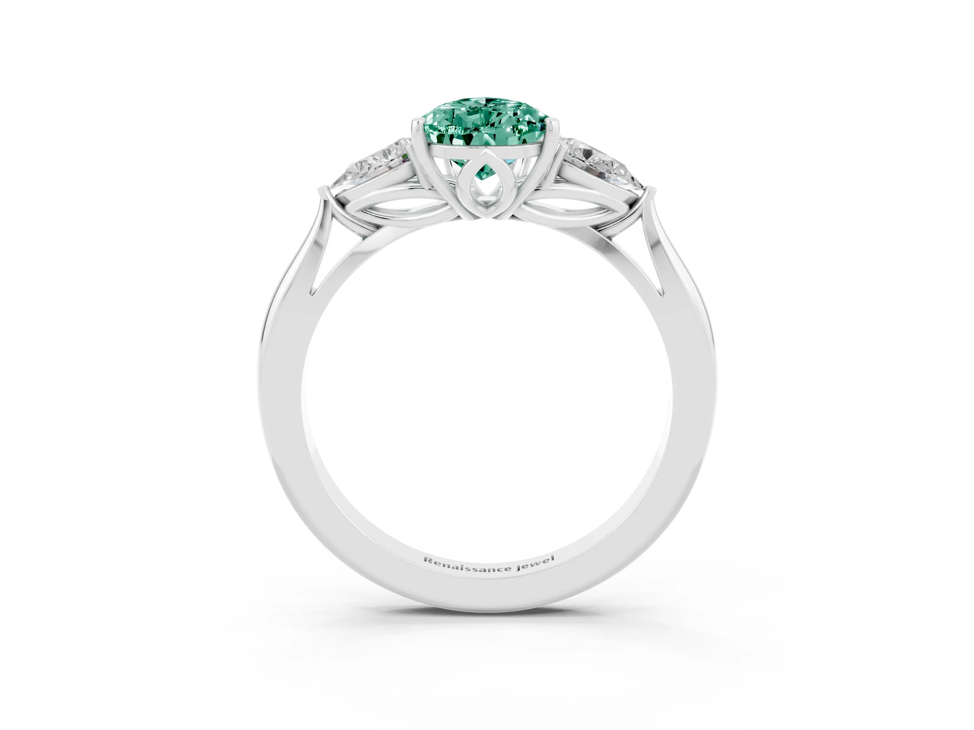White gold Pear Cut Green Sapphire Three-Stone Ring with Pear Side Stones and Four-Prong Setting_15