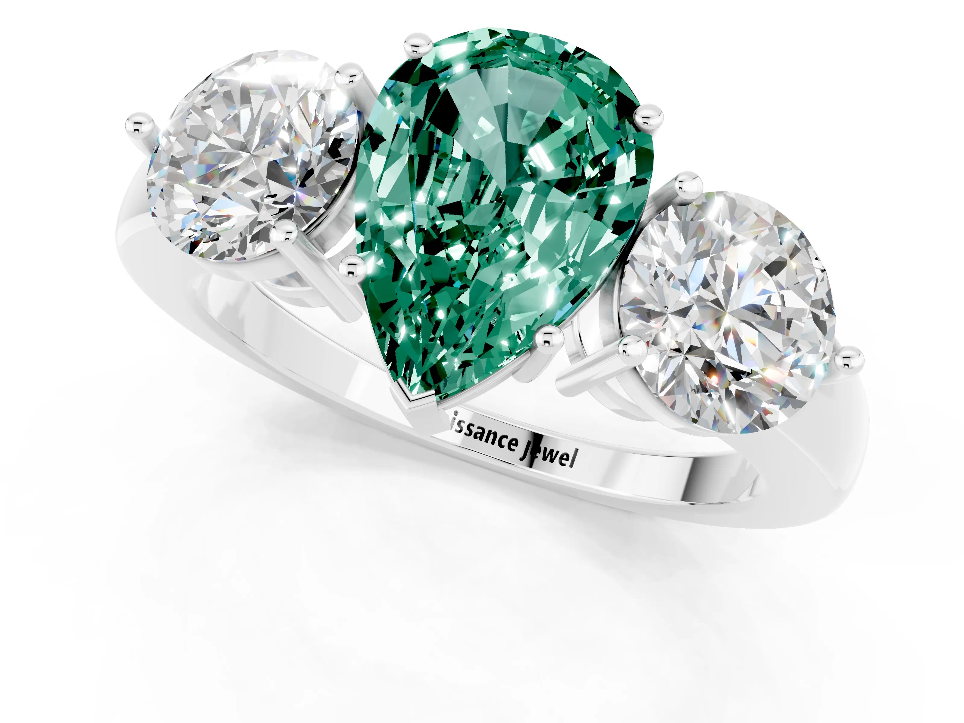 White gold Pear Cut Green Sapphire Three-Stone Ring with Prong Setting and Classic Band_1