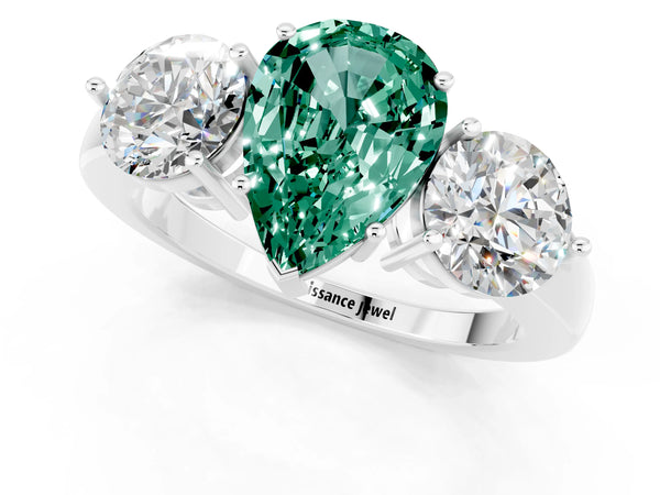 Platinum Pear Cut Green Sapphire Three-Stone Ring with Prong Setting and Classic Band
