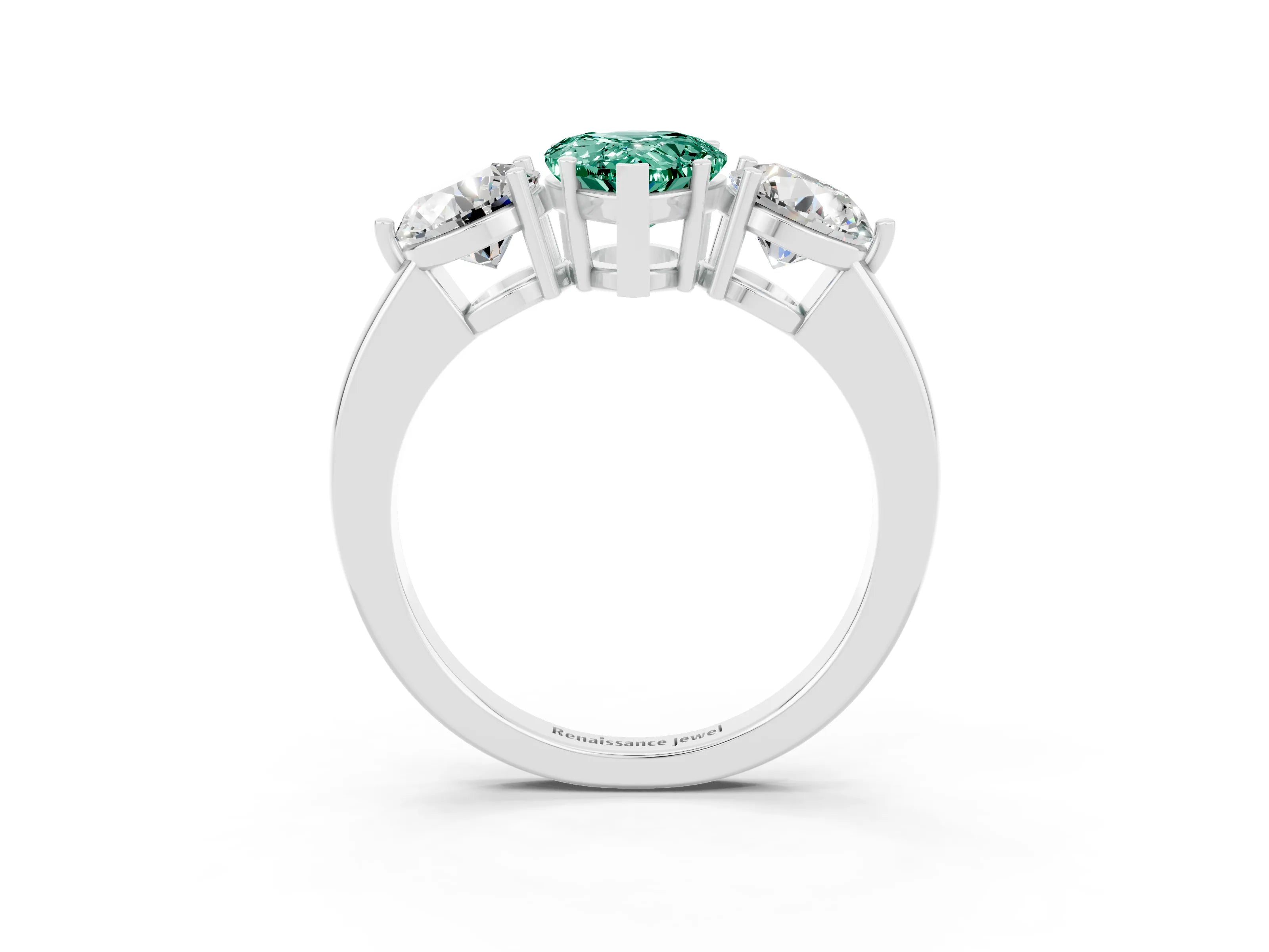 White gold Pear Cut Green Sapphire Three-Stone Ring with Prong Setting and Classic Band_3