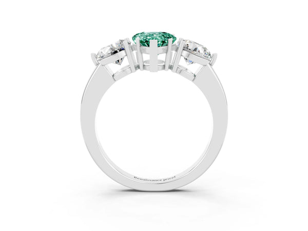Silver Pear Cut Green Sapphire Three-Stone Ring with Prong Setting and Classic Band
