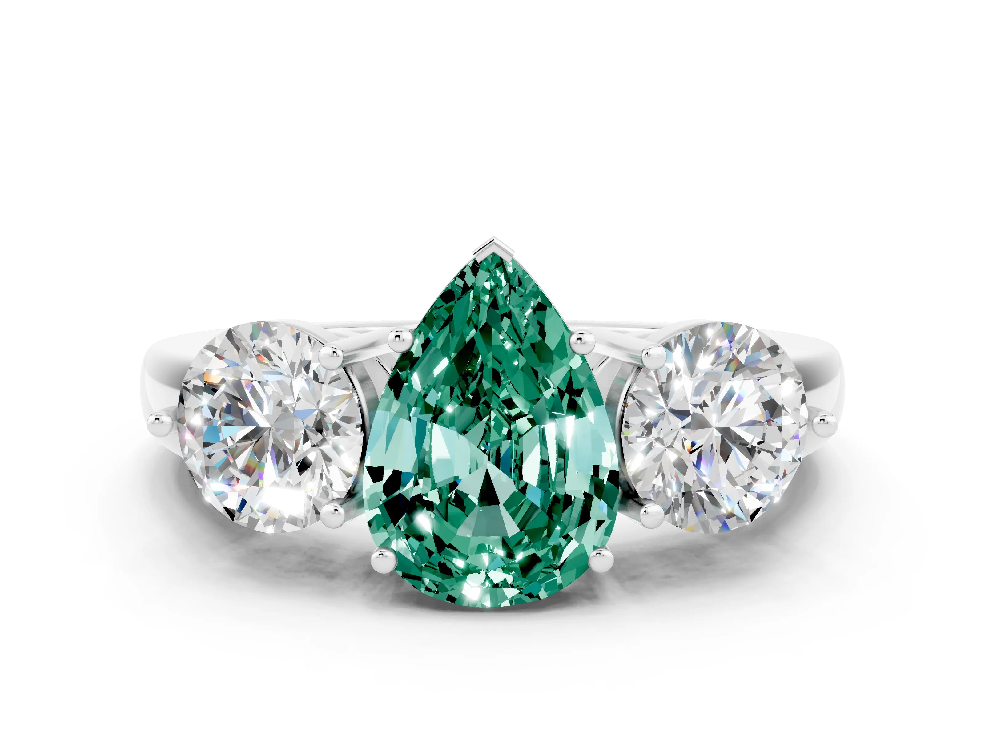 White gold Pear Cut Green Sapphire Three-Stone Ring with Prong Setting and Classic Band