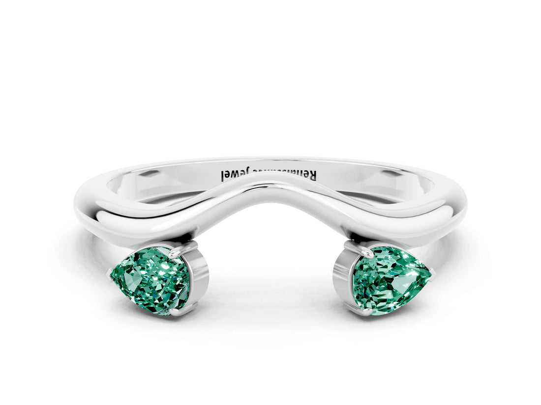 White gold Pear Cut Green Sapphire Two-Stone Open Band Ring with Prong Setting_6